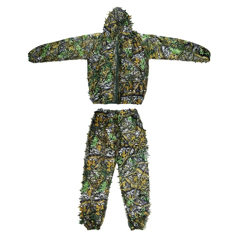 Men Women Outdoor Ghillie Suit Camouflage Clothes Jungle Suit CS Training Leaves Clothing Hunting Suit Pants Hooded Jacket