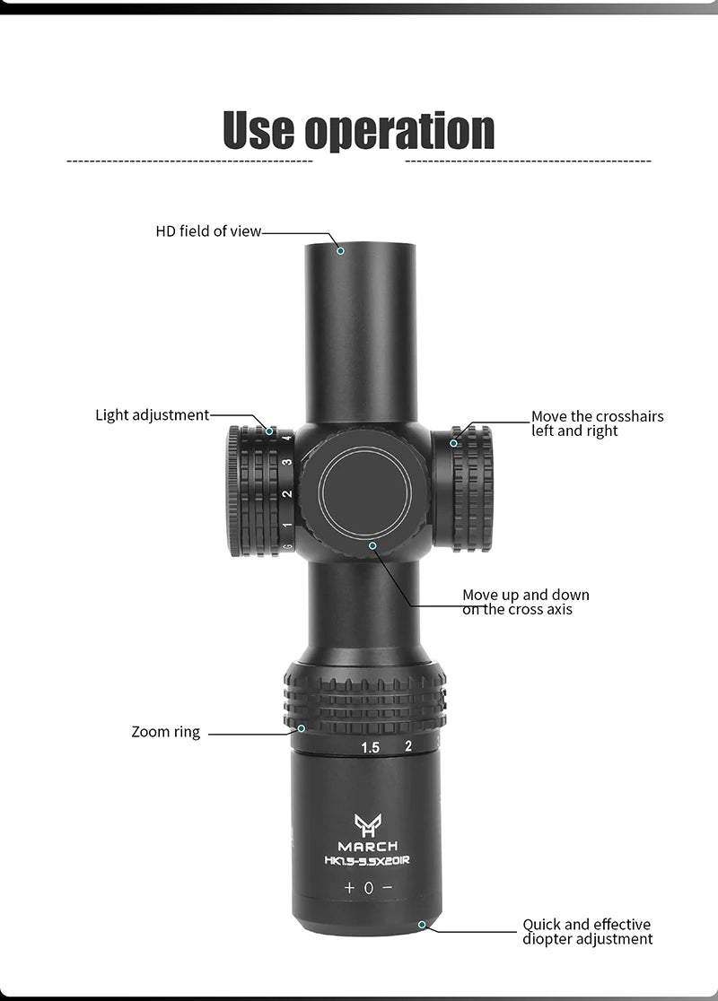 March HK 1.5-5.5x20IR Airsoft Scope - Tactical Air Rifle Optical Sight.