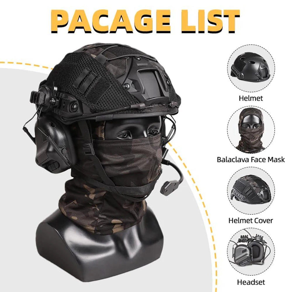 Tactical Helmet with Headset,Adjustable Airsoft Helmet with Helmet Cover & Fcae Balaclava Mask