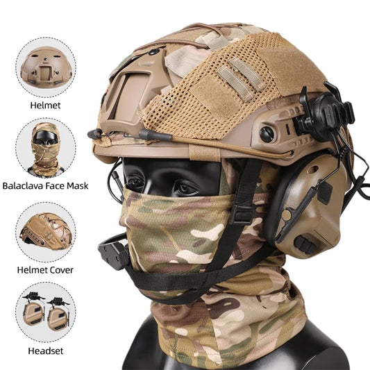 Tactical Helmet with Headset,Adjustable Airsoft Helmet with Helmet Cover & Fcae Balaclava Mask
